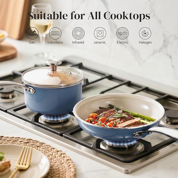 Redchef Nonstick Mini Cookware Set 8Ceramic Fry Pan 2.5Qt Saucepan with Lid Pots and Pans Set Saucepan Frying Pan Set Induction Compatible Oven Dishwasher Safe PTFE &amp PFOA Free Beige &amp
