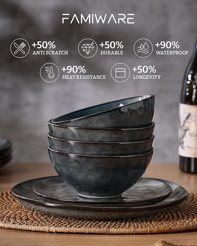 Famiware Dinnerware Sets for 4 Ocean Round 12-Piece Kitchen Plates and Bowls Sets Reactive Glaze Microwave and Dishwasher Safe Scratch Resistant Deep Forest