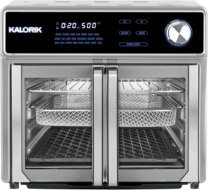 Kalorik Air Fryer Oven Grill MAXX Series 26-Quart with Smokeless Sear Technology Digital Controls Easy-View Door and 22 Smart Cooking Presets Includes Cooking Accessories 1700-Watts Stainless Steel