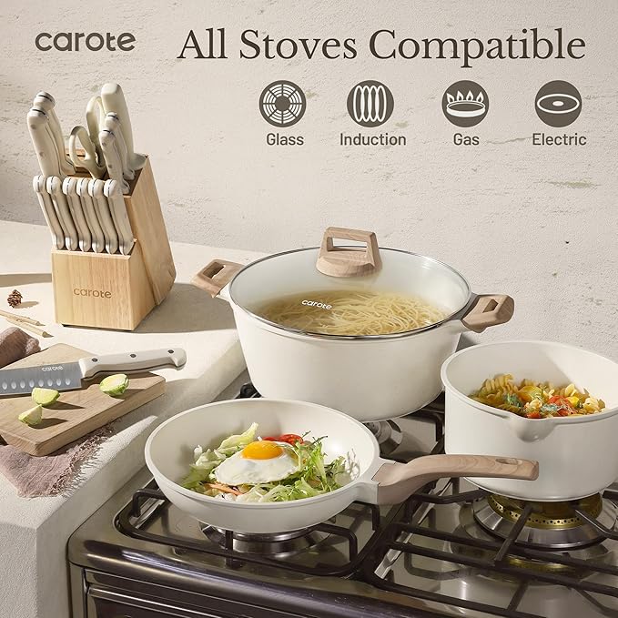 CAROTE ICE 35pcs Pots and Pans Set Nonstick Cookware Sets White Granite Induction Cookware with Kitchen Knife Set