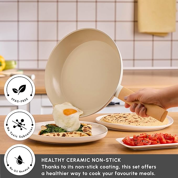 Karaca Swiss Crystal Almond - 7 Piece Non Stick Pots and Pan Set with Lids Induction Compatible Crystal Coated Ceramic Nonstick Kitchen Cookware Sets for Cooking without Oil - Cream