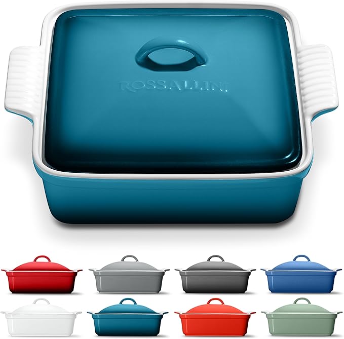 Stoneware Casserole Dish Bakeware with Lid | Covered Square Dinnerware | Medium 2 Quart [Ocean Blue]