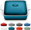Stoneware Casserole Dish Bakeware with Lid | Covered Square Dinnerware | Medium 2 Quart [Ocean Blue]