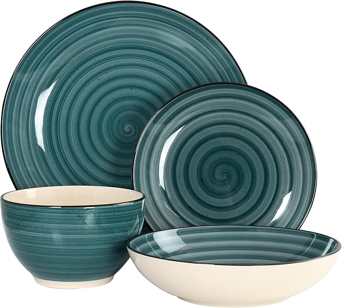 24 Piece Round Stoneware Dinnerware Set in Dark Green Solid Casual Dishwasher Safe