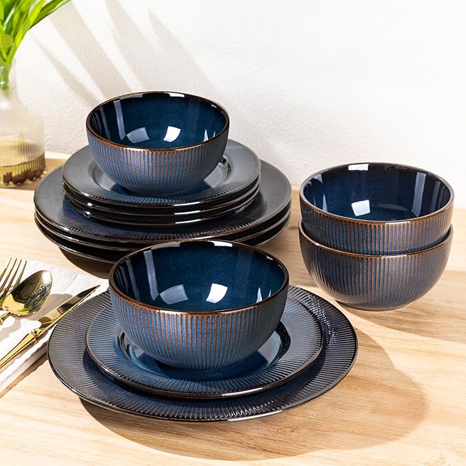 GBHOME Ceramic Dinnerware Sets12 pcs Embossed Elegant Stoneware Plates and Bowls Sets Housewarming Wedding Gift | Dishwasher &amp Microwave Safe | Dishes Set Service for 4
