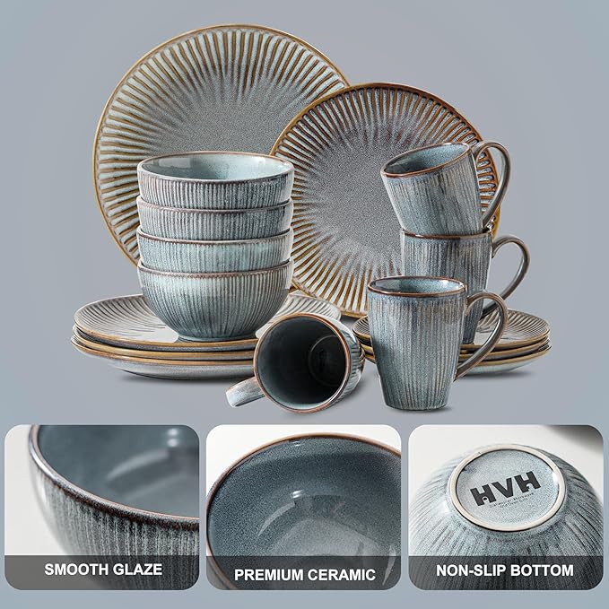 HVH Stoneware Dinnerware Sets 16 Pieces Plates and Bowls Sets Kitchen Dishes Set for 4 Dinner Dessert Plates Cereal Bowls and mugs for Party and Dinner Farmhouse Style (Wabi sabi)