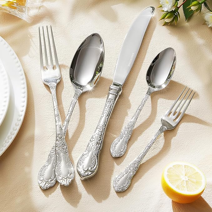 KINGSTONE Vintage Carved Silverware Set 10-Piece 18/10 Stainless Steel Flatware Cutlery Set with Retro Royal Thick Handle Tableware Utensils for Home Restaurant party Wedding Dishwasher Safe