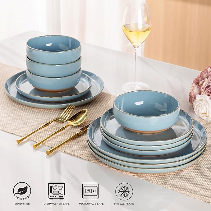 AmorArc Ceramic Dinnerware Sets for 4 12 Pieces Handpainted Plates and Bowls Set with Rustic Terracotta Underside Scratch Resistant Stoneware Dishes Set Dishwasher &amp Microwave Safe