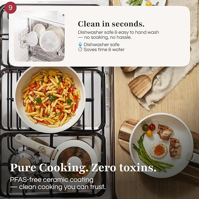 GOURMETIFIC® Pots and Pans Cookware Set [11 PIECES] - Non Toxic Ceramic Coated Cooking Ware - Induction Gas &amp Oven Kitchenware - Non Stick Pot &amp Pan with Removable Handles &amp Stackable (Te