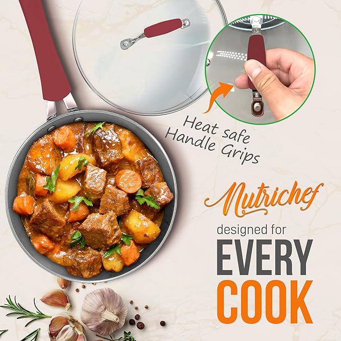 NutriChef 11-Pcs Non-Stick Kitchenware Pots &amp Pans - Stylish Kitchen Cookware Set w/Elegant Diamond Pattern Gray Inside &amp Red Outside Cool-Touch Handles