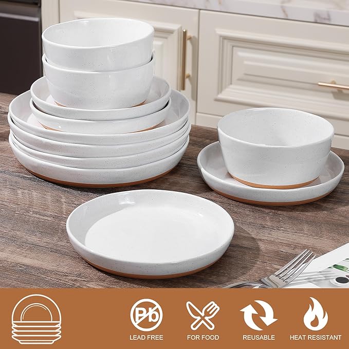 Ceramic Dinnerware SetsPorcelain Plates and Bowls Set with Rustic Terracotta Underside Scratch Resistant 12 Pieces Stoneware Dishes Set Dishwasher &amp Microwave SafeWhite(Brown)