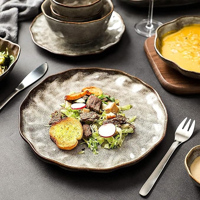 ☆Ceramics Dinner Sets Plates Set 38 Pieces Japanese Style Stone Pattern Dinnerware Set - Retro Porcelain Cereal Bowl and Steak Plate Set for Family GatheringGray size
