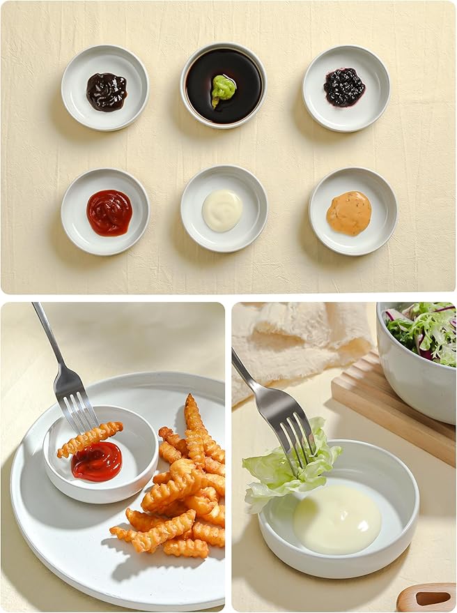Famiware Mars Plates and Bowls Set of 12 and Milkyway 4oz Dipping Bowls Set of 6 18 Pieces Dinnerware Sets White