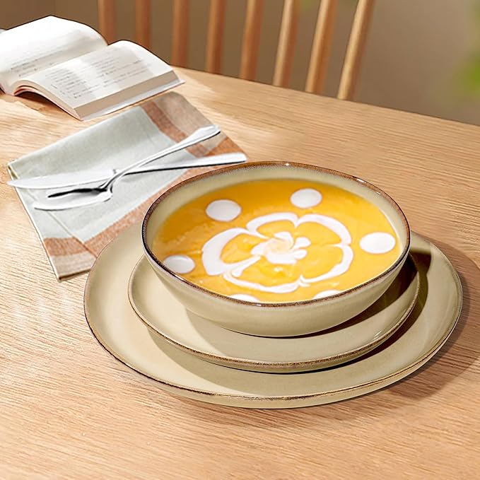 Herogo 12pcs Stoneware Dinnerware Sets for 4 Irregular Handmade Dinner Plates and Bowls Kitchen Dining Dish Dishware Set Microwave &amp Dishwasher Safe Cream Khaki