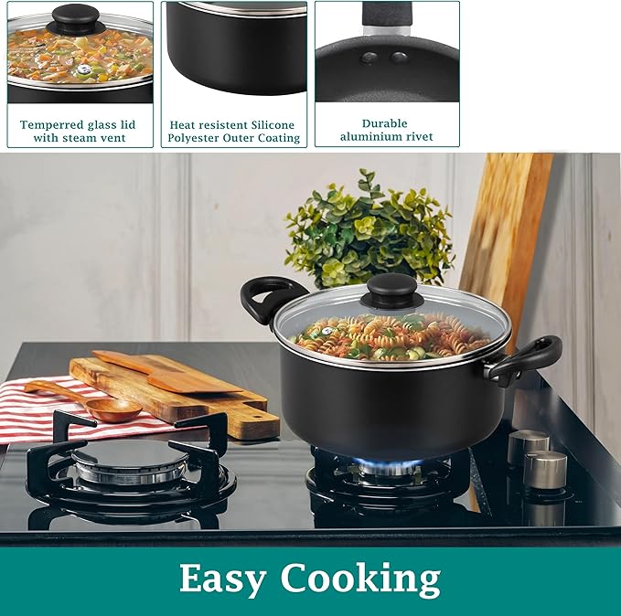 7 Piece Non Stick Aluminium Pots and Pans Cookware Set Black