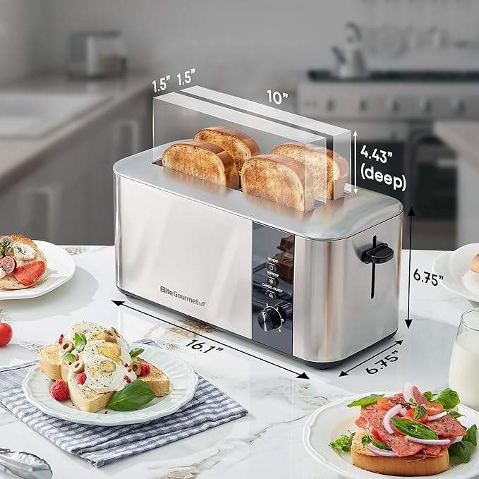 Elite Gourmet ECT3401 Long Slot 4 Slice Toaster 1.5” Slot Width 6 Toast Shade Settings Reheat Defrost &amp Cancel Functions Extra Large Slots for Bagels Waffles Artisan Breads Stainless Steel