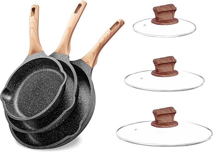 YIIFEEO Non Stick Frying Pan Set with Lids Granite Skillet Set Egg Omelette Pans for Cooking Pan Set No Toxic Kitchen Cookware Set Compatible with All Stovetops (Gas &amp Induction) PFOA Free Gi