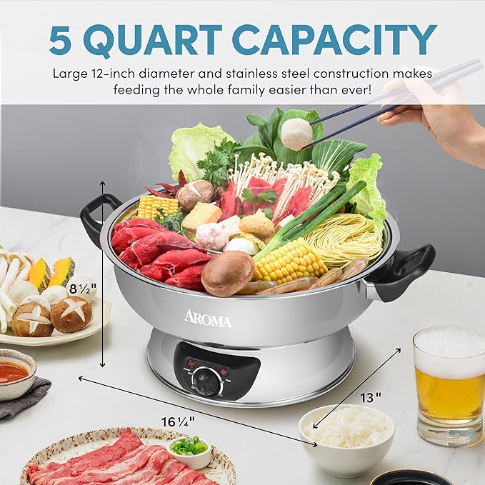 Aroma Stainless Steel Hot Pot Silver (ASP-600) 5 quart