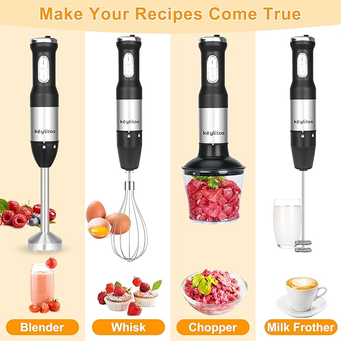 Keylitos 5 in 1 Immersion Hand Blender Mixer [Upgraded] Handheld Stick Blender with 600ML Chopper 800ML Beaker Whisk and Milk Frother for Smoothie Baby Food Sauces RedPuree Soup (Black)