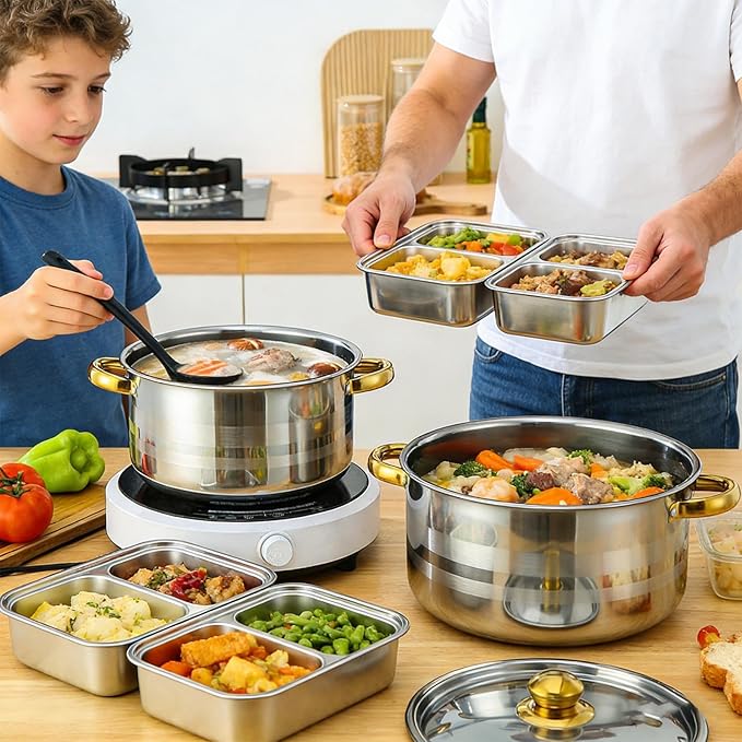 Stainless Steel Cookware Set – Kitchen Cooking Gadget Kit with Non Stick Versatile Potware for Pasta Soup Stewing | Household Camping Dorm Apartment Everyday Food Making