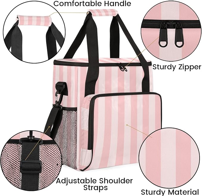 Pink Stripes Travel Coffee Maker Carrying Bag Large Organizer Storage Tote Bag Insulated Reusable Cooler Grocery Bags