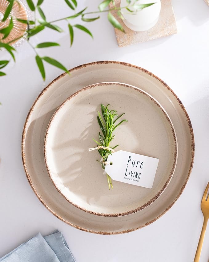 Stoneware dinnerware set 4 persons Rustic 12 pcs - Rustic design dinnerware set dishwasher safe - Bowl and plate set - Pure Living dinnerware in beige…