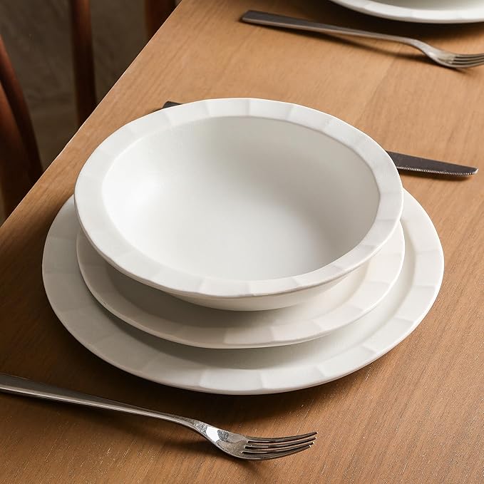 Stone Lain Oasis Stoneware 24 Piece Dinnerware Set Home Kitchen Dish Set with Dinner Plates Salad Plates &amp Bowls - Service for 8 White