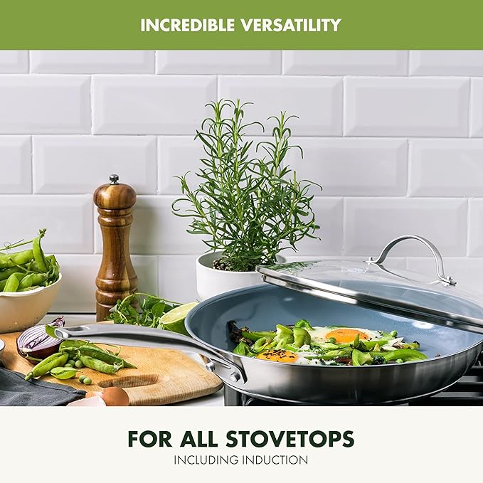 GreenPan Treviso Stainless Steel Healthy Ceramic Nonstick 12 Frying Pan Skillet with Lid PFAS-FreeClad Induction Dishwasher Safe Silver