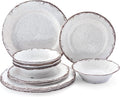LEHAHA Vintage White Melamine Dinnerware set-12 Piece Lightweight Unbreakable Outdoor Camper Plates/Dishes and Bowls Set Service for 4 Dishwasher Safe…