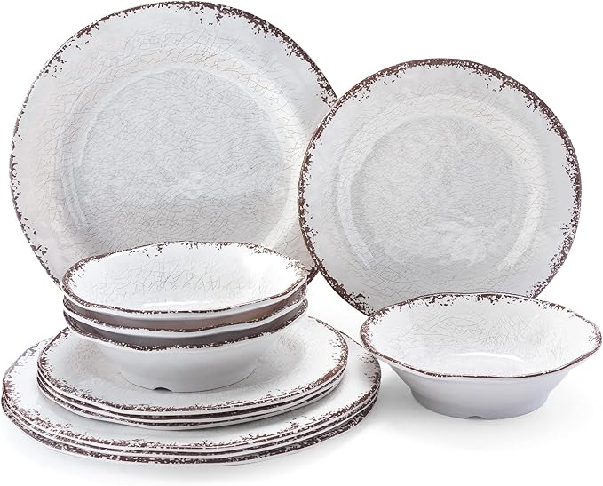 LEHAHA Vintage White Melamine Dinnerware set-12 Piece Lightweight Unbreakable Outdoor Camper Plates/Dishes and Bowls Set Service for 4 Dishwasher Safe…