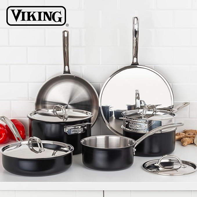 Viking 3-Ply Pots and Pans Set 12 Piece Stainless Steel Kitchen Cookware Set with Lids Dishwasher Safe Induction Ready Cast Black