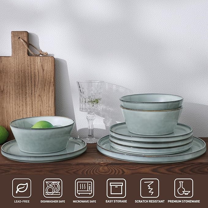 Famiware Annecy Dinner Plates and Bowls Sets Stoneware Dinnerware Sets Dishes Set for 6 18 Pieces Handmade Dishware Set - Microwave &amp Dishwasher Safe Double Reactive Glaze Tableware Grey-Blue