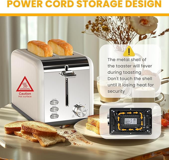 Simple Deluxe 2-Slice Toaster Stainless Steel Extra Wide Slot Toaster with Removable Crumb Tray 6 Browning Setting and 3 Function White
