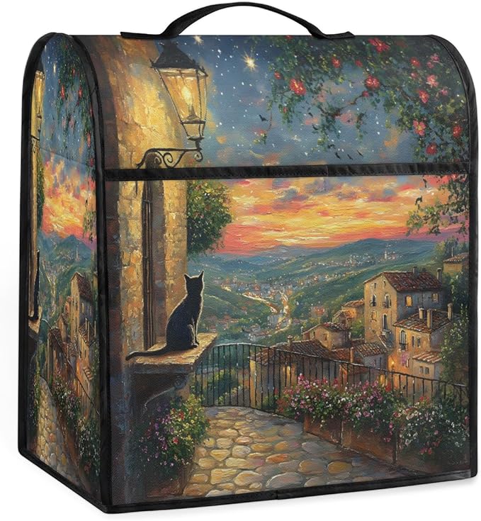 Kitchen Aid Mixer Cover Light Night Scene Cat Flower Stand Mixer Cover Compatible with 6-8 Quarts Stand Mixers Dust Covers with Zipper Pocket Foldable Washable Kitchen Aid Organizer Bag
