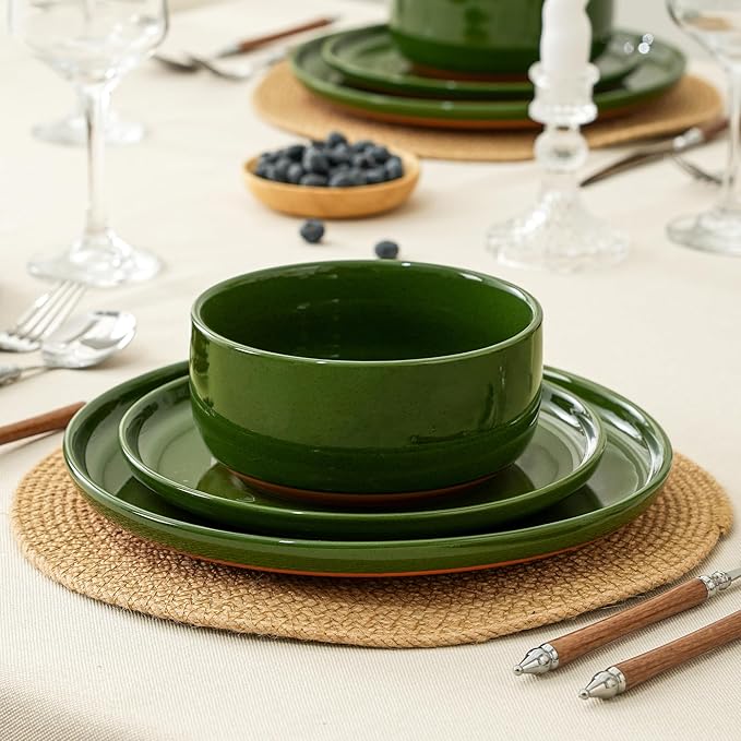 Stoneware Cereal and Soup Bowls Set of 4 6-Inch Dual Glaze Ceramic Bowls for Breakfast &amp Oatmeal Microwave and Dishwasher Safe Forest Glaze Green