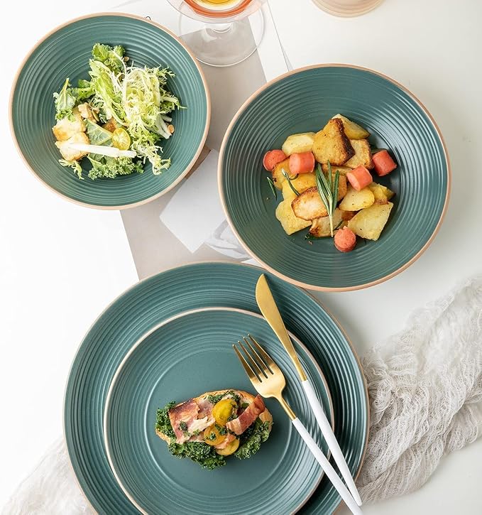 RINGAR Round Stoneware 16pc Dinnerware Set of 4 Dinner Plates Side Plates Cereal Bowls Mugs - Speckle Matte Green (434540)