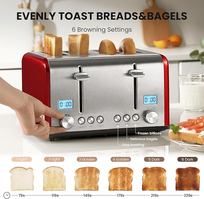 Roter Mond Countdown Stainless Steel 4 Slice Toaster with Bagel Defrost Cancel Function Dual Toaster Extra Wide Slots 6 Shade Settings Removable Crumb Trays 1650W Red