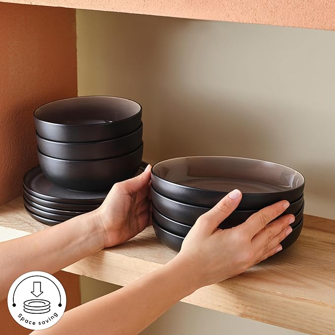 Karaca Mercure 59 Piece Stoneware Plates and Bowls Set Reactive Glaze Black Dinner Set Complete Kitchen Tableware Collection Ideal Dinnerware for 12 People Dining Experience Dishwasher Safe
