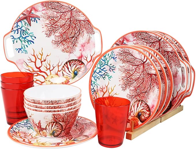 Melamine Dinnerware Set for 4-16 Pcs:Camping Dishes Set with Dinner PlatesSalad PlatesCups and Bowls.Lightweight and Unbreakable.Indoor and Outdoor Use.