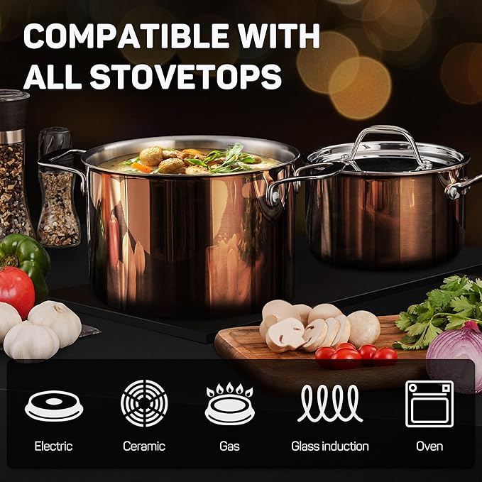 Whole Tri-ply 18/10 Stainless Steel Cookware Set 10 Pcs Elegant Copper Pots and Pans Set Induction Cookware Frying Pans Saucepans &amp Stock Pot with Lid Ideal Gift for Wedding Housewarming