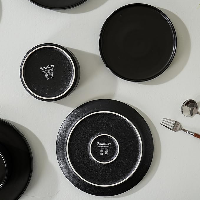 12 Piece Dinnerware Set Modern Minimalist Stoneware Plates and Bowls Sets Modern Dinner Plate Salad Plate Cereal Bowl Dish Set for 4 Microwave and Dishwasher Safe Matte Black
