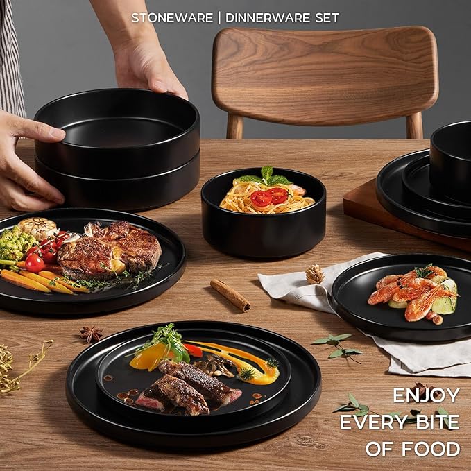 Onader 16 Piece Dinnerware Sets with Serving Bowls for 4 Kitchen Cooking Utensils Set with Holder 15 Pcs Silicone Spatula Set- Black
