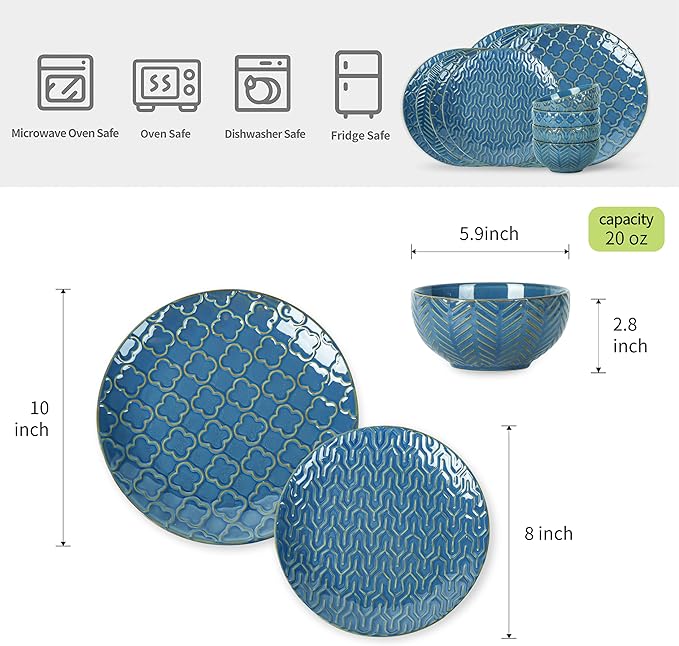 Sureasy 12-Piece Ceramic Dinnerware Set for 4 - Embossed Plates and Bowls Sets Scratch Resistant Dish Set Microwave Oven &amp Dishwasher Safe Blue