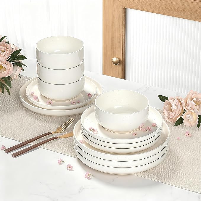 Plates and Bowls Sets Dinnerware Sets for 4 12 Pieces Scratch Resistant Dishware Dishes Set Ceramic Kitchen Dinner Set Porcelain &amp Microwave and Dishwasher Safe Cream White