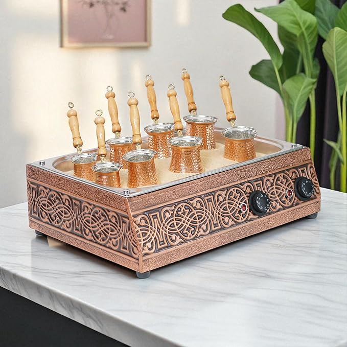 Traditional Handcrafted Copper Sand Coffee Maker Machine – With 8-Pots – 2000 Watt 110 Volt – Authentic Turkish Coffee Experience rich in foam
