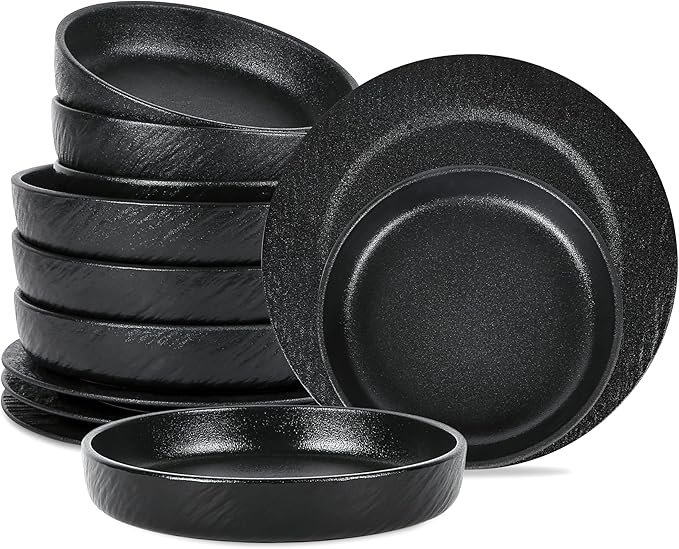 Stone Lain Senso 12-Piece Dinnerware Set New Bone China Plates and Bowls Sets Dish set for 4 Dinner and Salad Plates Black