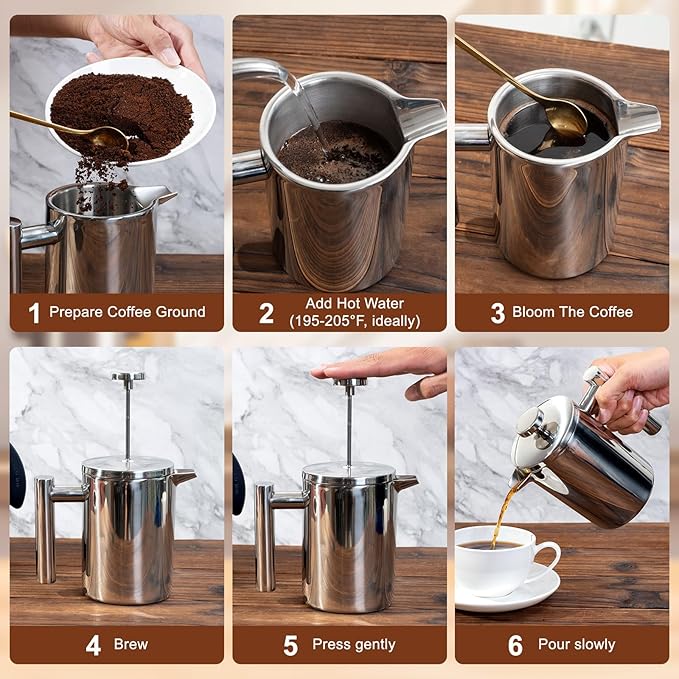 French Press Coffee Maker with Scale 304 Stainless Steel French Press 17OZ Double-Wall Insulated Food Grade Suitable for Kitchen and Travel Camping