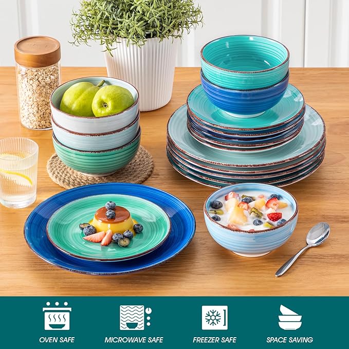 vancasso Bonita Dinnerware Set Blue Stoneware 18 Pieces Service for 6 Handpainted Spirals Pattern Stoneware Plates and Bowls Set