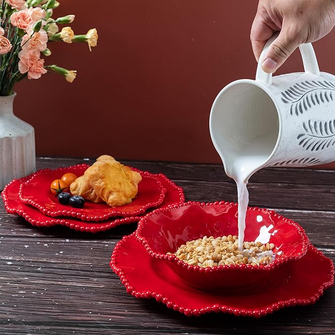 12 pcs Christmas Holiday Melamine Dinnerware Set Ruffled Rim With Beaded Plates and Bowls Set of 4 Lightweight yet Durable Dishes tableware Set Ideal for parties camping and RV trips