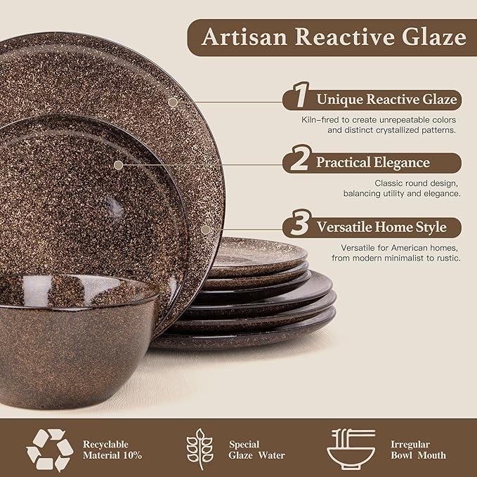 Plates and Bowls Sets 12 Pieces Dark Blue Dinnerware Sets for Kitchen Reactive Glaze Dishes Set for 4 Dishwasher and Microwave Safe Series Starflecked Shore(Brown)